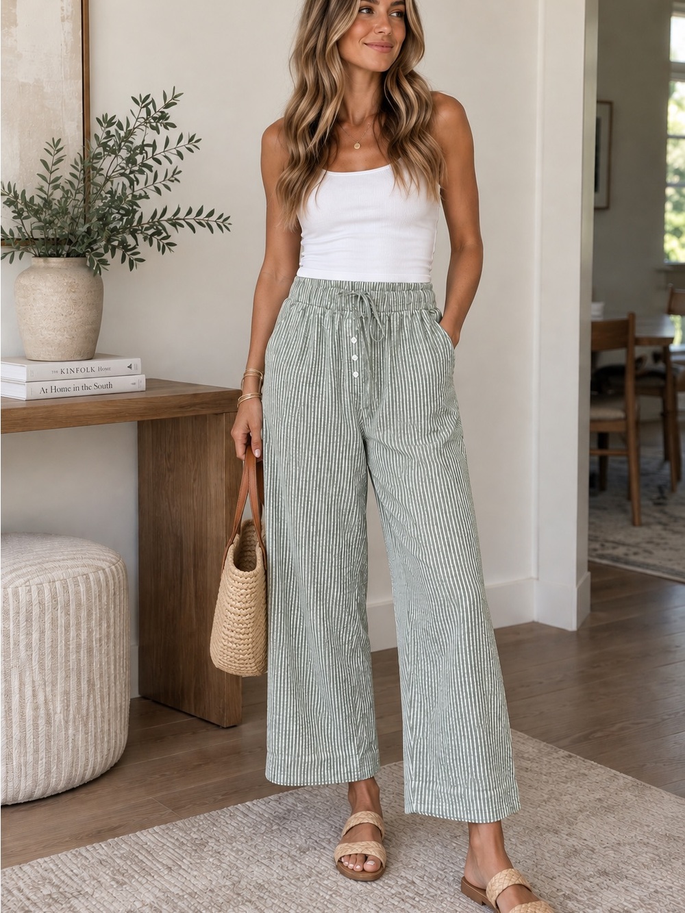 Daily Drills Sage Striped Drawstring Wide-Leg Pants